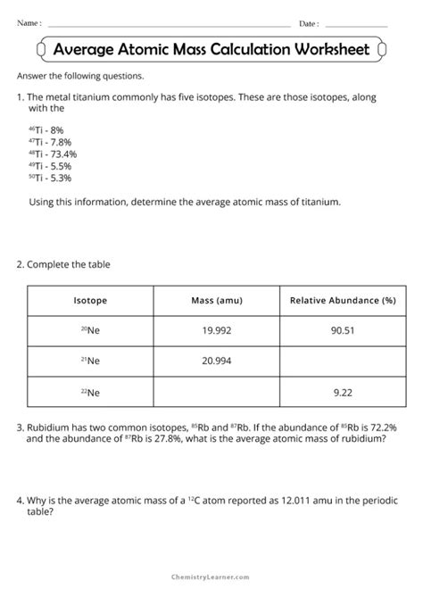 Free Printable Average Atomic Mass Worksheets Free Printable Average Atomic Mass Worksheets